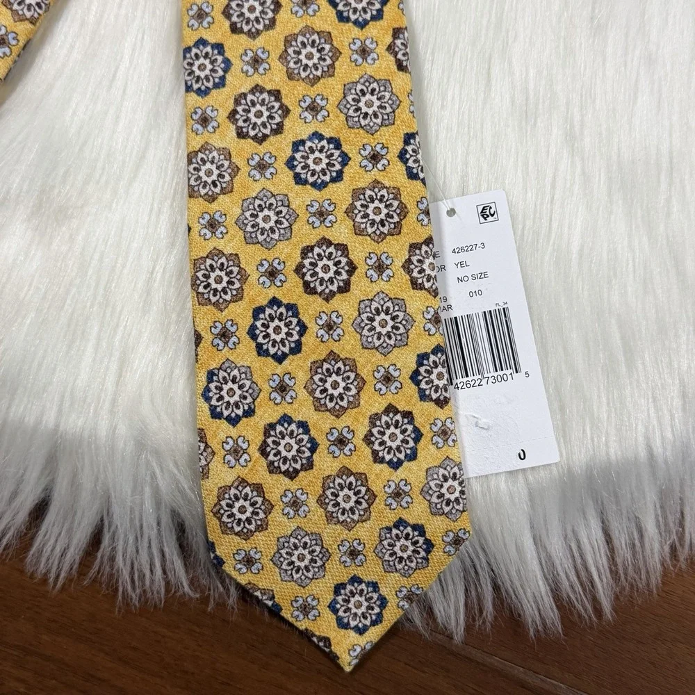 Edward Armah Men's Yellow Medallion Print 100% Silk Necktie Tie